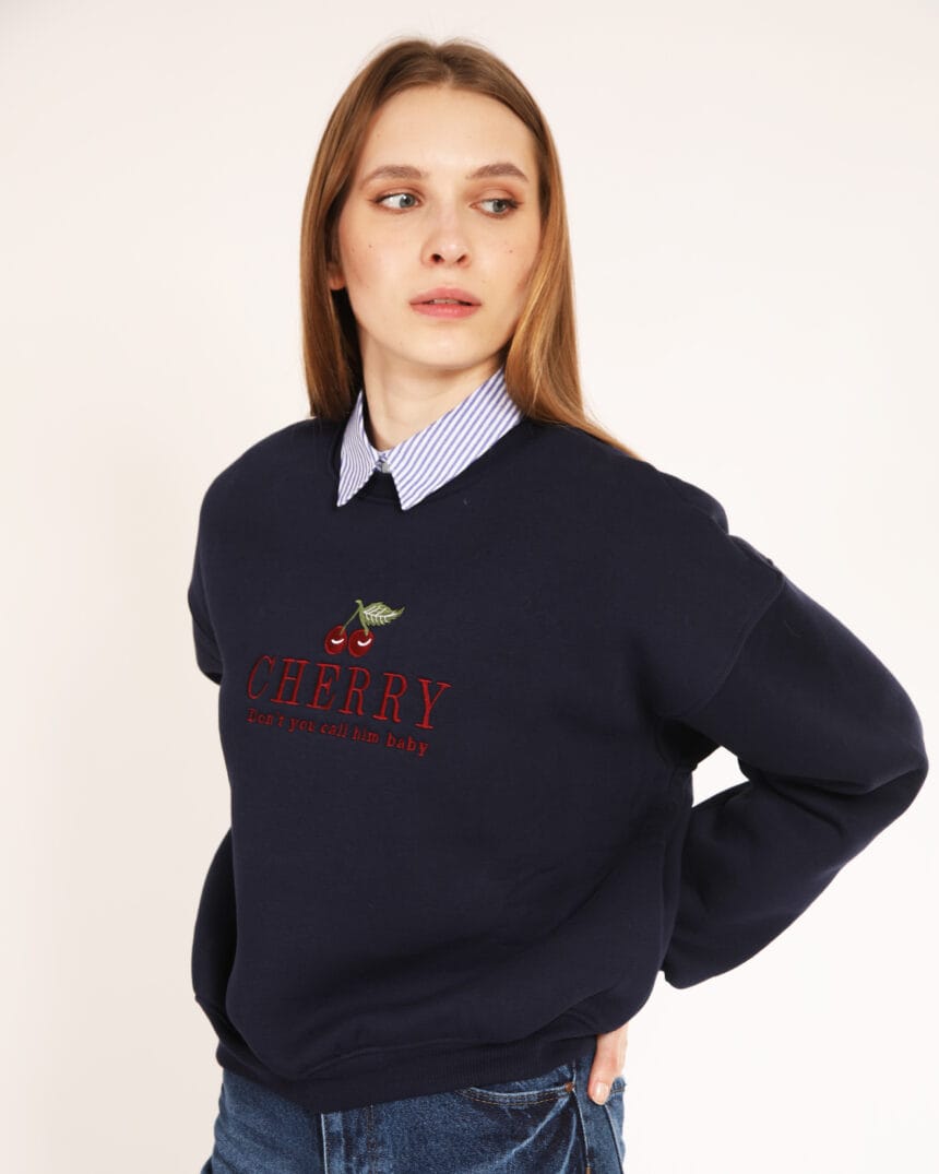 Lacivert-Cherry-Sweatshirt-Nakisli-Kadin