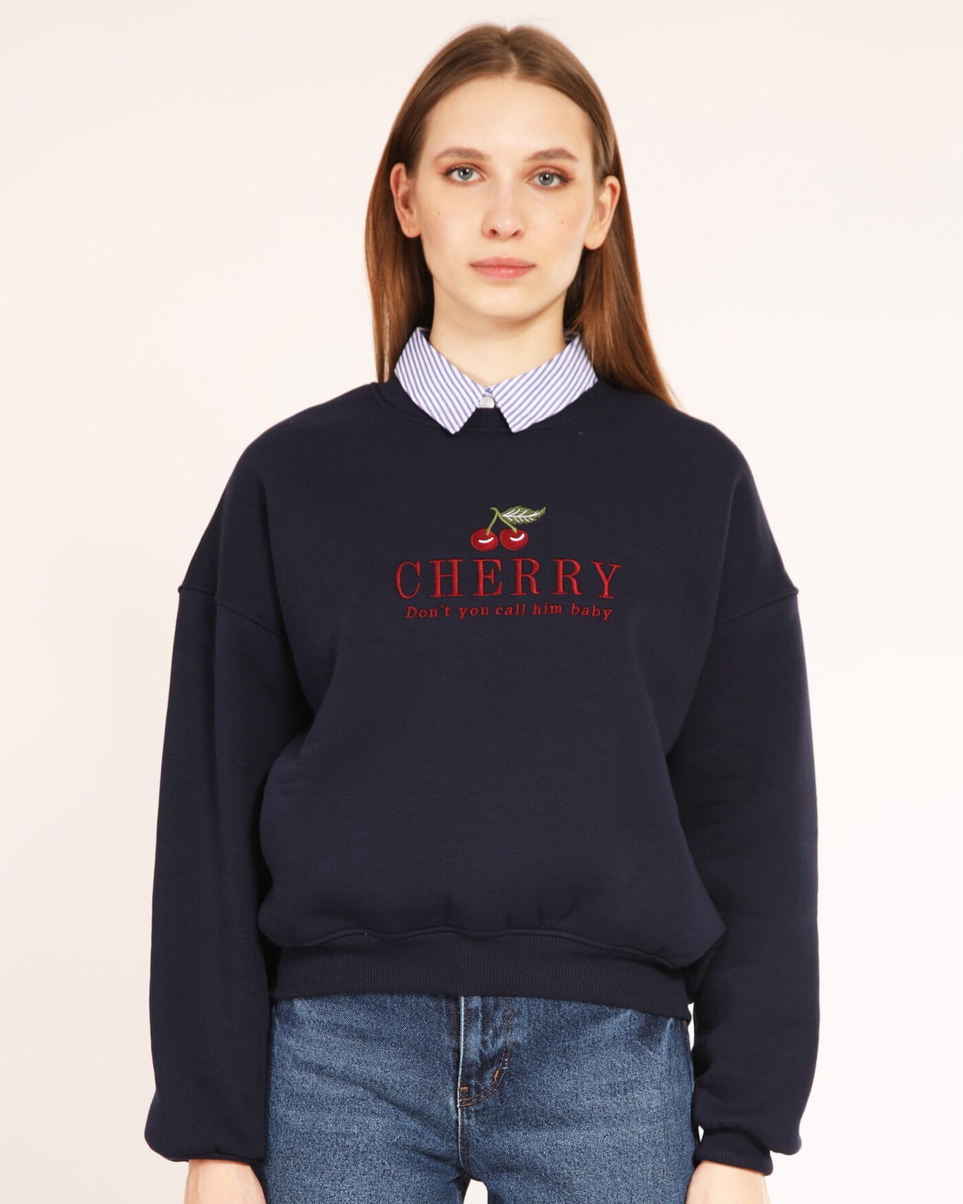 Lacivert-Cherry-Sweatshirt-Nakisli-Kadin