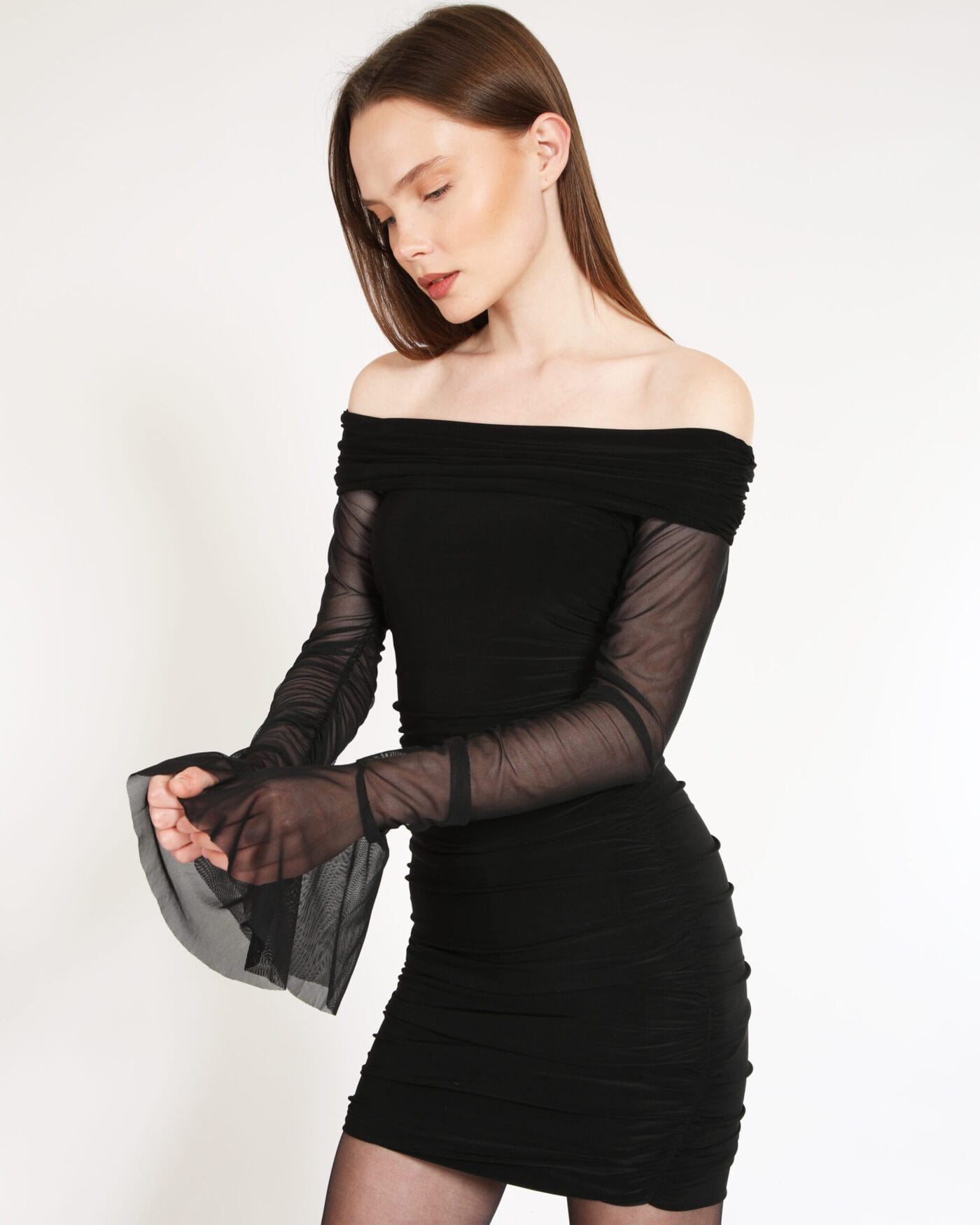 See-Through-Evening-Dress-Siyah-Drapeli-Mini-Elbise-Kadin