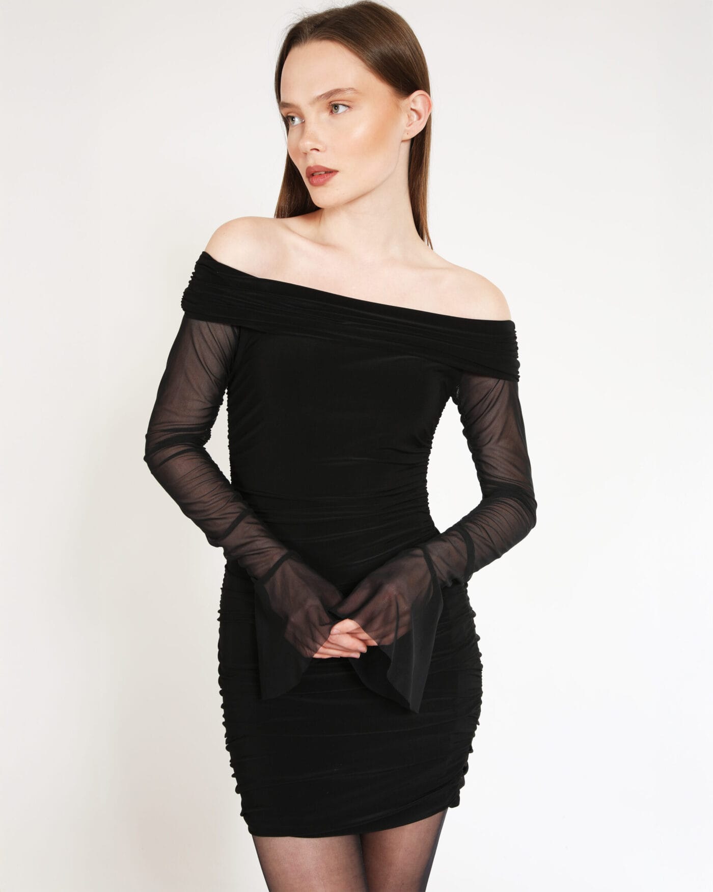See-Through-Evening-Dress-Siyah-Drapeli-Mini-Elbise-Kadin