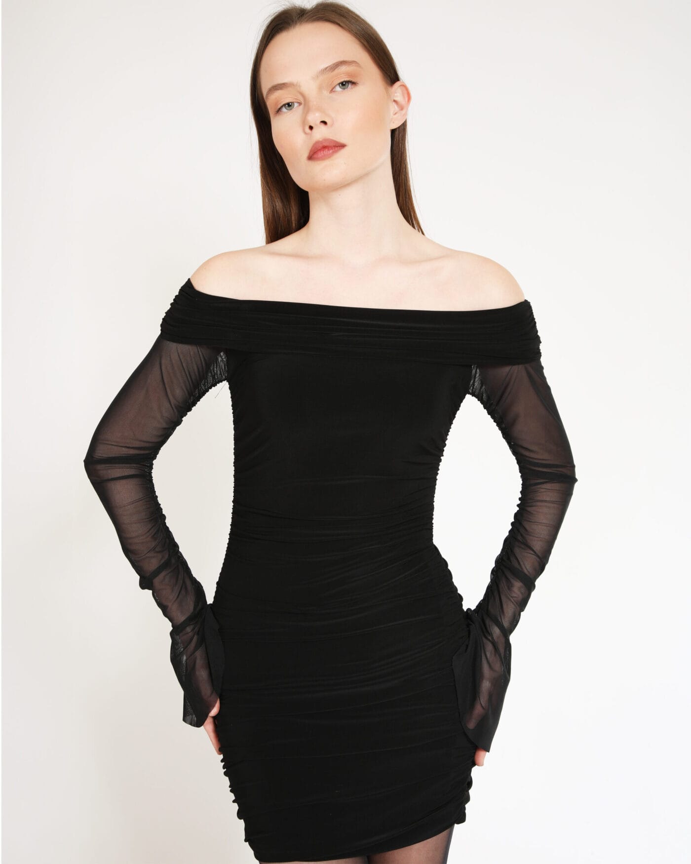 See-Through-Evening-Dress-Siyah-Drapeli-Mini-Elbise-Kadin