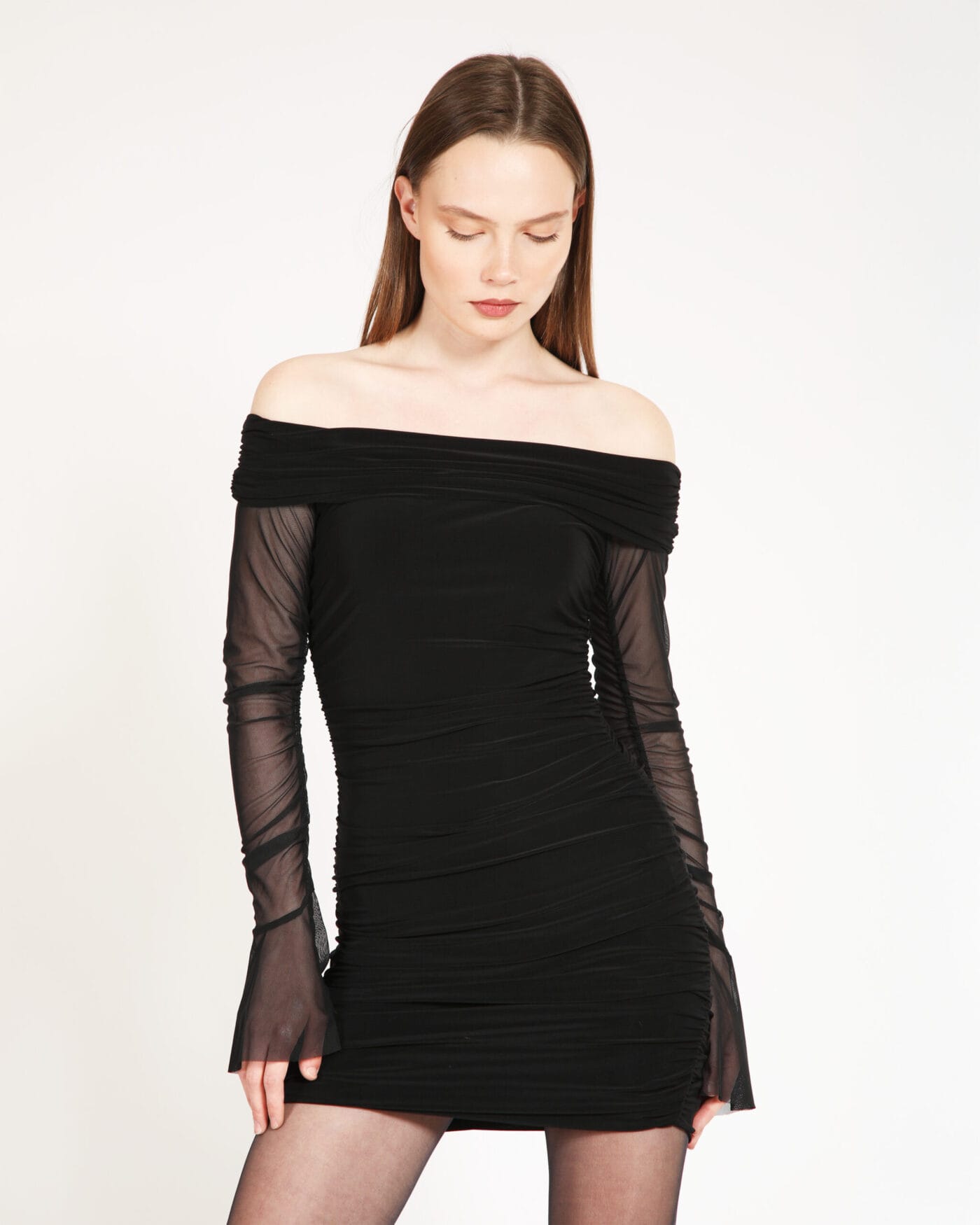 See-Through-Evening-Dress-Siyah-Drapeli-Mini-Elbise-Kadin