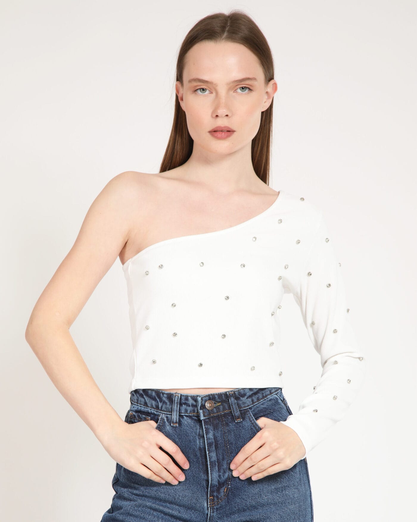 White-One-Arm-Crop-Woman-Kadin