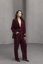 Bordo-Gold-Dugmeli-Polyviscon-Ceket-Pantolon-Takim-Kadin