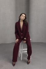 Bordo-Gold-Dugmeli-Polyviscon-Ceket-Pantolon-Takim-Kadin