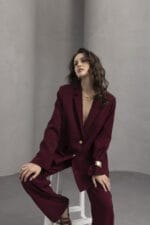 Bordo-Gold-Dugmeli-Polyviscon-Ceket-Pantolon-Takim-Kadin