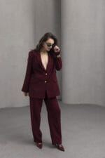 Bordo-Gold-Dugmeli-Polyviscon-Ceket-Pantolon-Takim-Kadin