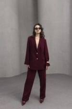 Bordo-Gold-Dugmeli-Polyviscon-Ceket-Pantolon-Takim-Kadin