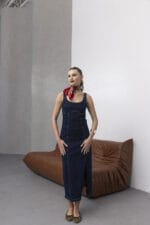 Mavi-Midi-Yirtmacli-Slim-Denim-Elbise-Kadin