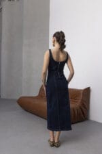 Mavi-Midi-Yirtmacli-Slim-Denim-Elbise-Kadin