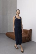 Mavi-Midi-Yirtmacli-Slim-Denim-Elbise-Kadin