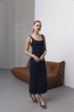 Mavi-Midi-Yirtmacli-Slim-Denim-Elbise-Kadin