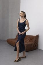 Mavi-Midi-Yirtmacli-Slim-Denim-Elbise-Kadin
